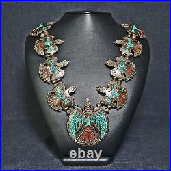 Rare Silver & Turquoise Peyote Bird Style Native American Squash Necklace