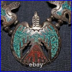 Rare Silver & Turquoise Peyote Bird Style Native American Squash Necklace