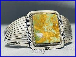 Rare Squared Green Turquoise Vintage Navajo Sterling Silver Flank Bracelet