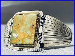 Rare Squared Green Turquoise Vintage Navajo Sterling Silver Flank Bracelet
