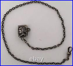 Rare Sterling Native American Indian Brave Clip Watch Fob Long Chain C. 1910
