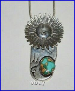 Rare Sterling Silver Bennie Ration Turquoise Mud Face Kachina Pendant Brooch
