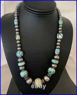 Rare Sterling Silver Navajo PEARLS DRY CREEK TURQUOISE Beads Necklace 1192