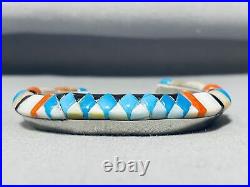 Rare Technique Turquoise Vintage Navajo Coral Inlay Sterling Silver Bracelet