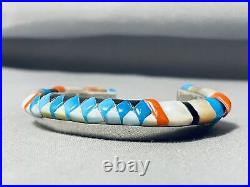 Rare Technique Turquoise Vintage Navajo Coral Inlay Sterling Silver Bracelet