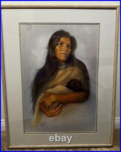 Rare Terie Knapp Drawing Painting Native American Indian Mother & Baby