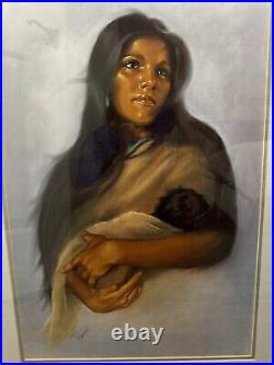 Rare Terie Knapp Drawing Painting Native American Indian Mother & Baby