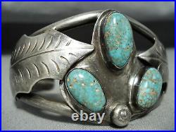 Rare Turquoise Vintage Navajo Sterling Silver Leaf Bracelet