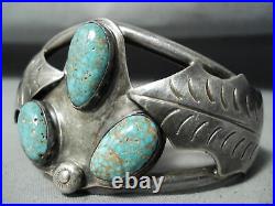 Rare Turquoise Vintage Navajo Sterling Silver Leaf Bracelet