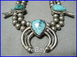 Rare Turquoise Vintage Navajo Sterling Silver Squash Blossom Necklace