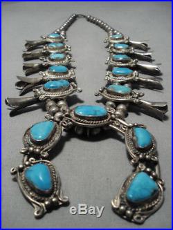 Rare Turquoise Vintage Navajo Sterling Silver Squash Blossom Necklace Old