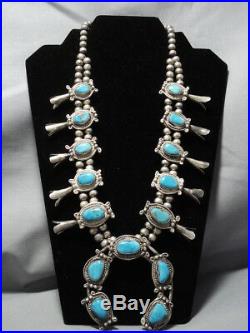 Rare Turquoise Vintage Navajo Sterling Silver Squash Blossom Necklace Old