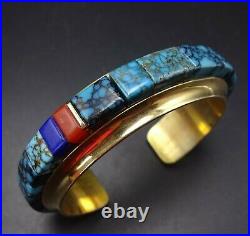 Rare VICTOR BECK SR Navajo 14K GOLD Webbed TURQUOISE CORAL Inlay Cuff BRACELET