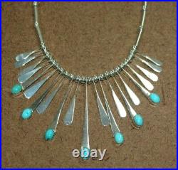 Rare Vee Kee Navajo Sterling Silver Turquoise Bib/Fringe Necklace 090WEI