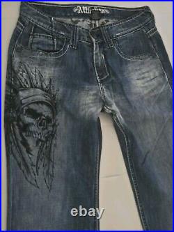 Rare Vintage AFFLICTION Denim Jeans Native American SKULL Straight 32x32 USA