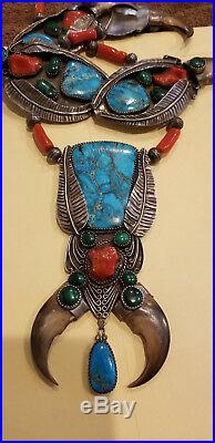 Rare Vintage Bear Claw Turquoise Silver Coral Squash Blossom Chiefs Necklace