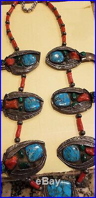 Rare Vintage Bear Claw Turquoise Silver Coral Squash Blossom Chiefs Necklace