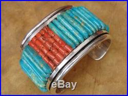 Rare Vintage Gibson Nez Navajo Sterling Silver Turquoise Coral Cuff Bracelet
