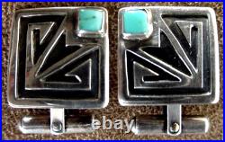 Rare Vintage Hopi Native American Sterling Silver Turquoise Petroglyph Cufflinks
