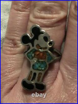 Rare Vintage Mickey Mouse Navajo Blue Red Turquoise Chips Sterling Silver Ring