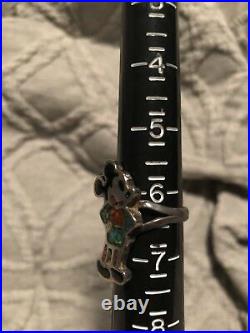 Rare Vintage Mickey Mouse Navajo Blue Red Turquoise Chips Sterling Silver Ring