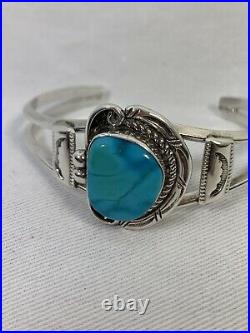 Rare Vintage Native American Acoma Stamped Silver Turquoise Cuff Bracelet