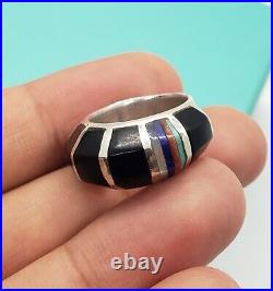 Rare Vintage Native American Black Onyx Sterling Silver Multistone Inlaid Ring