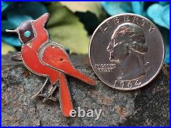 Rare Vintage Native American Zuni Coral Turquoise Cardinal Sterling Ring Sz 6