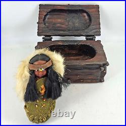 Rare Vintage Native American hand made doll in bunt and wood iron box