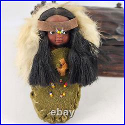 Rare Vintage Native American hand made doll in bunt and wood iron box