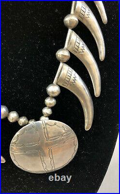 Rare Vintage Navajo All Silver Necklace With Cross Medalion & Silver Bear Claws