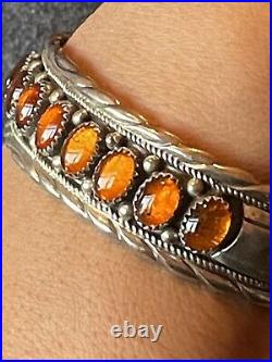 Rare Vintage Navajo Amber Cabochon Row Ss Cuff Bracelet Handmade By W Carviso Jr