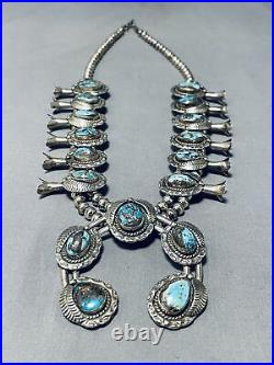 Rare Vintage Navajo Bisbee Turquoise Sterling Silver Squash Blossom Necklace