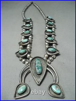 Rare Vintage Navajo Candelaria Turquoise Sterling Silver Squash Blossom Necklace