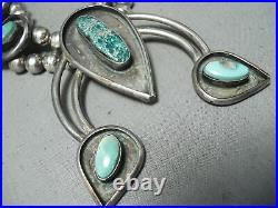 Rare Vintage Navajo Candelaria Turquoise Sterling Silver Squash Blossom Necklace