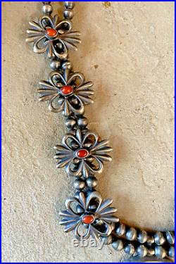 Rare Vintage Navajo Coral Sterling Silver Squash Blossom Necklace 161.7g
