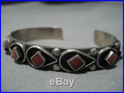 Rare Vintage Navajo Dishta Style Coral Inlay Sterling Silver Bracelet Old