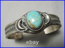Rare Vintage Navajo Domed #8 Turquoise Sterling Silver Bracelet Old Cuff
