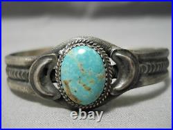 Rare Vintage Navajo Domed #8 Turquoise Sterling Silver Bracelet Old Cuff