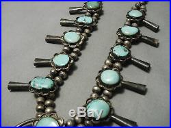 Rare Vintage Navajo Green Turquoise Sterling Silver Squash Blossom Necklace