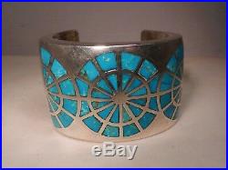 Rare Vintage Navajo Joe Begay Turquoise Wheel Channel Inlay Cuff Bracelet, Sgnd