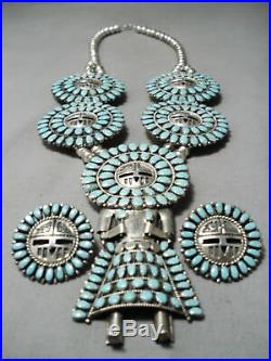 Rare Vintage Navajo Kachina Turquoise Sterling Silver Squash Blossom Necklace