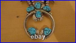 Rare Vintage Navajo Kingman Turquoise Sterling Silver Squash Blossom Necklace