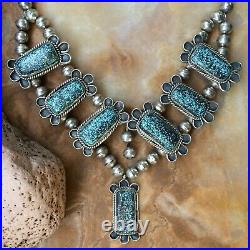 Rare Vintage Navajo Spiderweb Turquoise Sterling Squash Blossom Necklace Wow