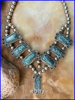 Rare Vintage Navajo Spiderweb Turquoise Sterling Squash Blossom Necklace Wow