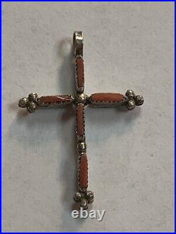 Rare Vintage Navajo Sterling Silver Double Sided Coral/Turquoise Cross Pendant