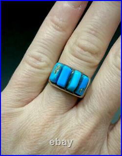 Rare Vintage Navajo Sterling Silver Raised Inlay Turquoise Ring UNIQUE