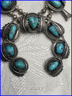 Rare Vintage Navajo Sterling Silver & Turquoise Squash Blossom Necklace