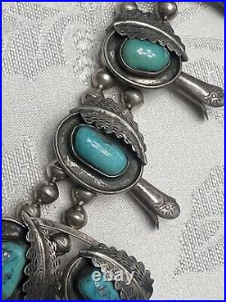 Rare Vintage Navajo Sterling Silver & Turquoise Squash Blossom Necklace