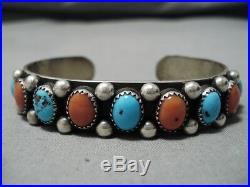 Rare! Vintage Navajo Tasuse Turquoise Coral Sterling Silver Bracelet